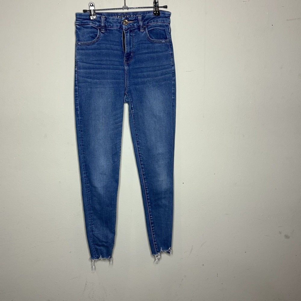 American Eagle Curvy Hi-Rise Jegging Women Size 2 Blue Raw Hem Stretch Jeans